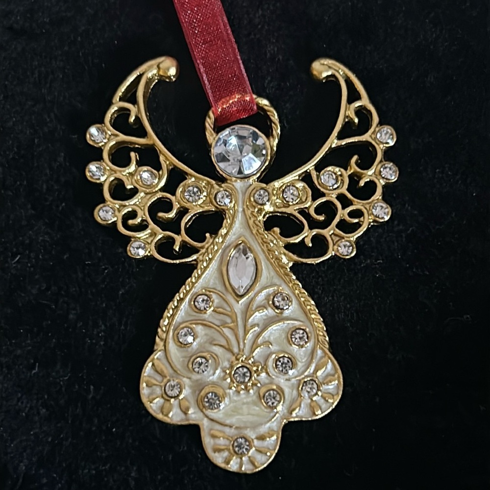 New Gold Tone Filigree Diamond Clear Colored Encrusted Rhinestone Angel Ornament